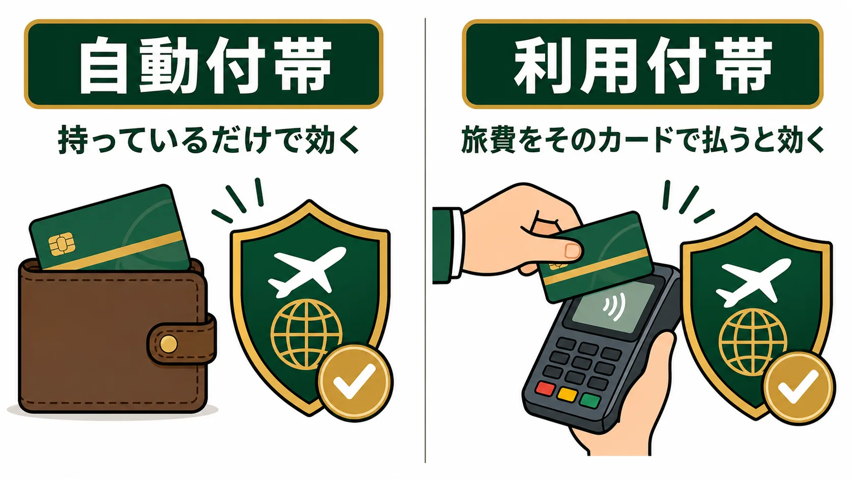 自動付帯は持っているだけで効き、利用付帯は旅費をそのカードで払うと効く